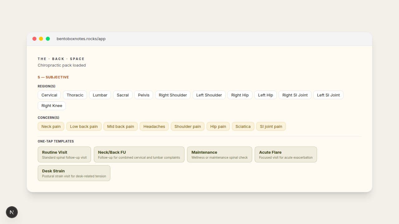 Screenshot of the BentoBox Subjective form after loading the Chiropractic pack