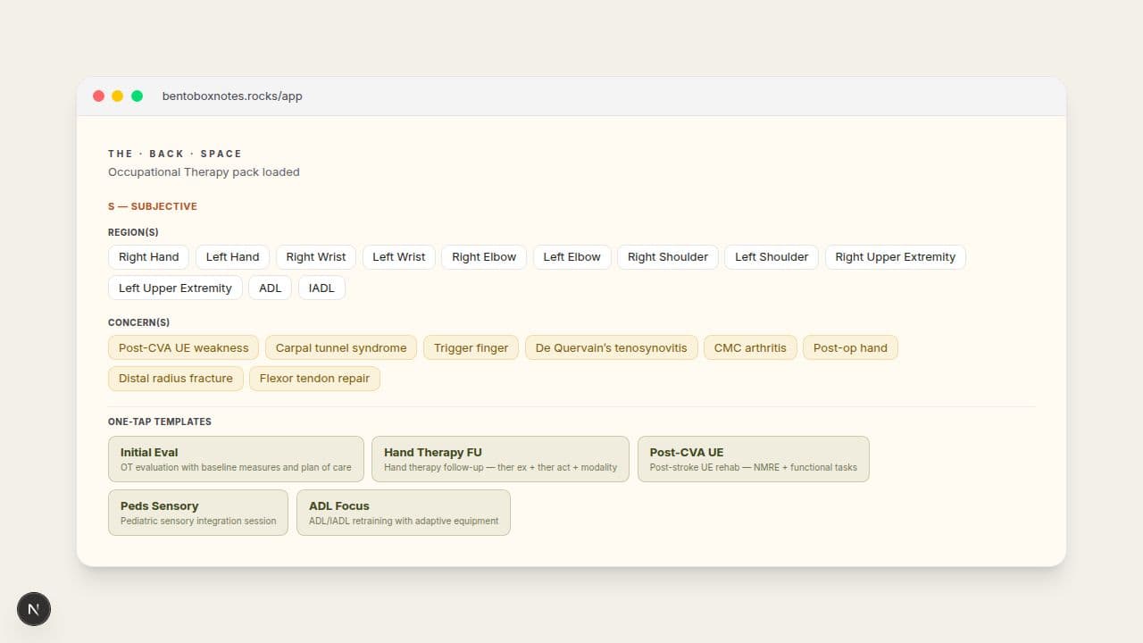 Screenshot of the BentoBox Subjective form after loading the Occupational Therapy pack