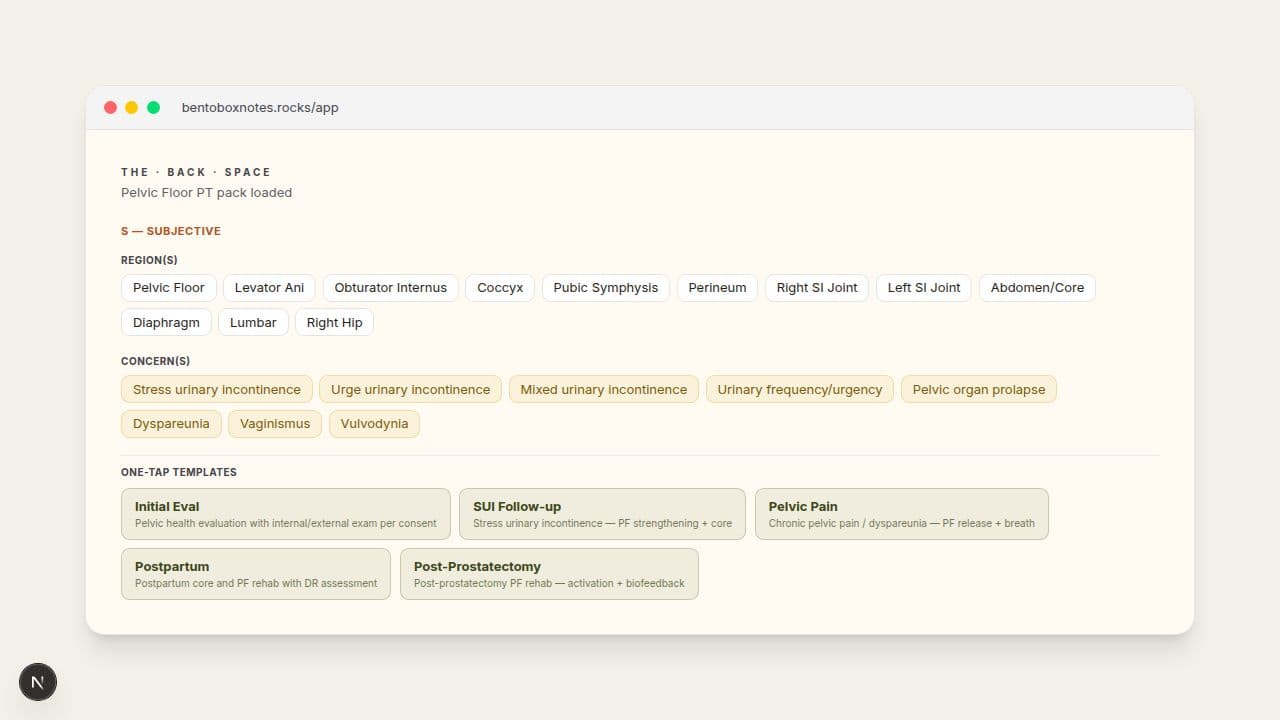 Screenshot of the BentoBox Subjective form after loading the Pelvic Floor PT pack